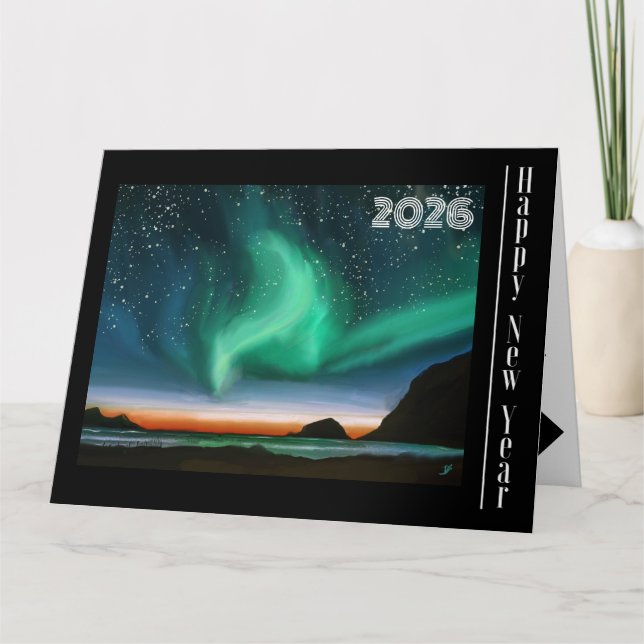 Cartão Feliz ano novo - Placa Aurora Borealis (Frente)