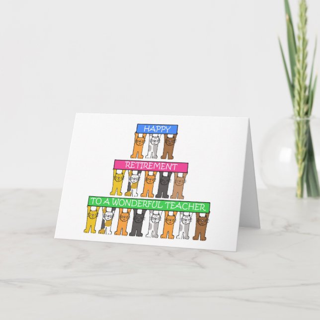 Cartão Feliz Aposentadoria Professor Desenho Animado Gato (Frente)