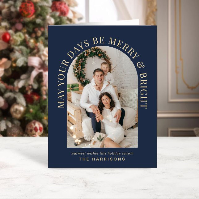 Cartão Feliz azul brilhante de fotografia em arco elegant (Share the love and warmth of the season with a personalized photo Christmas card)