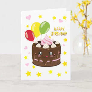 Cartão Feliz bolo de chocolate de aniversário, kawaii