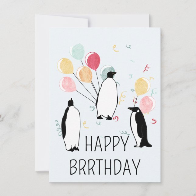 Cartão Feliz BRRthday Penguin Winter Birthday Balloons (Frente)