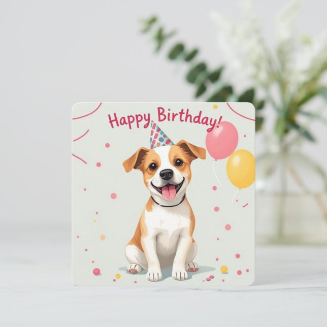 Cartão Feliz Cachorro de Aniversário com Chapéu de Festa  (Em pé/Frente)