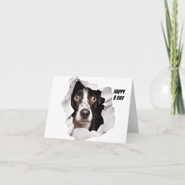 Cartão Feliz Cachorro de Aniversário Olhando Através De P (Frente)
