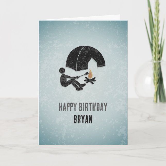 Cartão Feliz Camper Divertido, Tent and Fire Metal Look - (Frente)