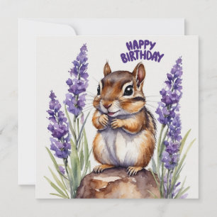 Cartão Feliz Chipmunk de Aniversário com Flores de Lavand