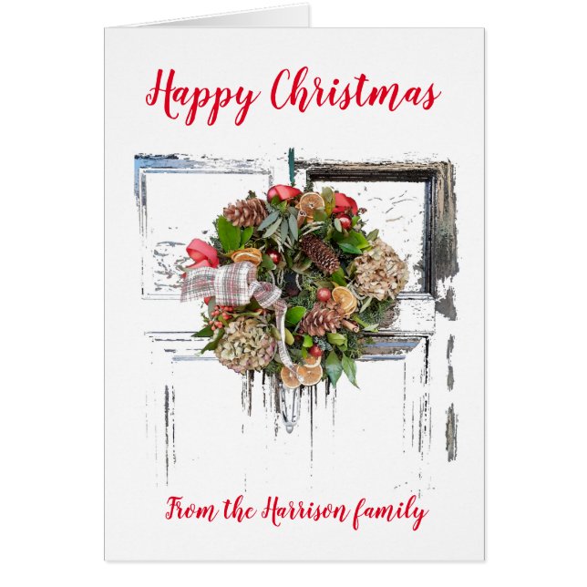 Cartão Feliz coroa de Natal à porta, personalizada (Frente)