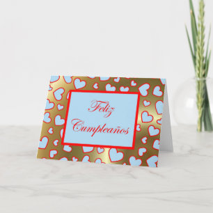 Cartão Feliz Cumpleaños Aniversário Espanhol com corações