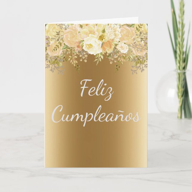 Cartão Feliz Cumpleaños Espanha Flor Dourado Aniversário (Frente)