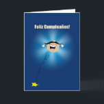 Cartão Feliz Cumpleanos, Funny Birthday Greeting Card<br><div class="desc">Feliz Cumpleanos and happy birthday greeting card. English and Spanish/Spanglish. Humorous Latino Flair/flare illustration on blue night sky background.</div>