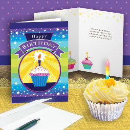 Cartão Feliz Cupcake de Aniversário, estrelas azul roxa