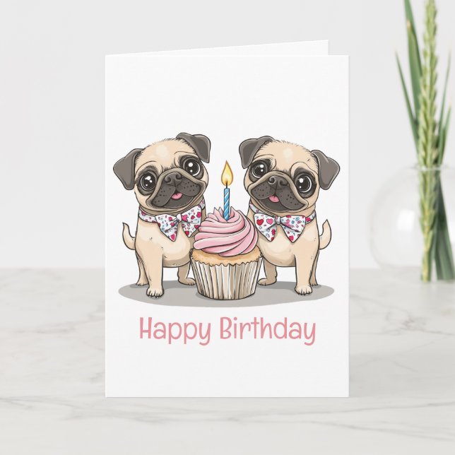 Cartão Feliz Cupcake de Cães Pug de Aniversário (Frente)