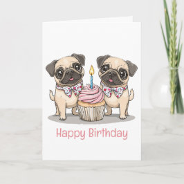 Cartão Feliz Cupcake de Cães Pug de Aniversário