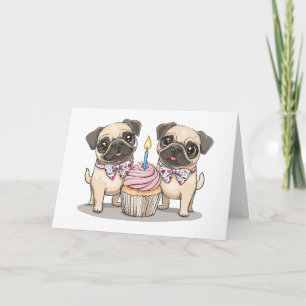 Cartão Feliz Cupcake de Cães Pug de Aniversário