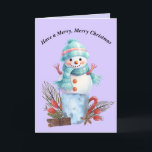 Cartão Feliz de Natal Snowman<br><div class="desc">Feliz cartão de Snowman de Natal. O boneco de neve está sentado em cima de uma xícara com decorações de Natal, e o cartão é na sua maioria azul e roxo claro. As palavras na dentro podem ser alteradas. Obrigados para a Creative Fabrica para alguns dos elementos na design.</div>