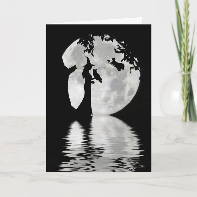 Cartão Feliz Dia das Bruxas, Coruja, Lua Negra (Frente)