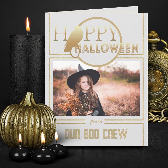 Cartão Feliz Dia das Bruxas do Adulto Chic Dourado e Bran (Elegant white and gold Halloween invitations with photo)