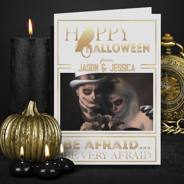 Cartão Feliz Dia das Bruxas do Adulto Chic Dourado e Bran (Elegant white and gold Halloween greeting card with photo)