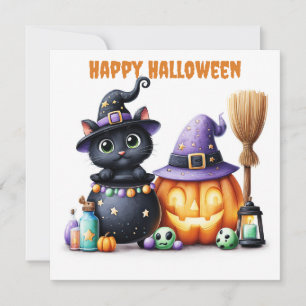 Cartão Feliz Dia das Bruxas Gato Preto