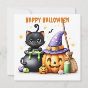 Cartão Feliz Dia das Bruxas Gato Preto