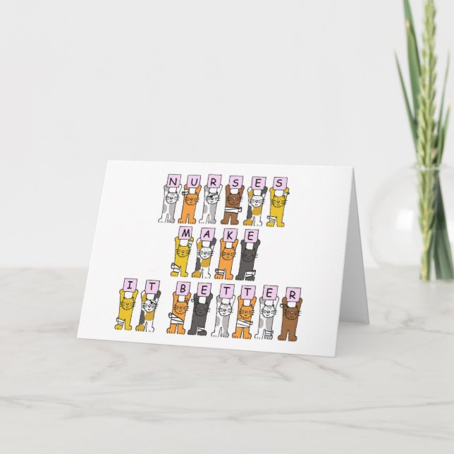 Cartão Feliz Dia das Enfermeiras - Gatos de Cartoon em Ba (Frente)