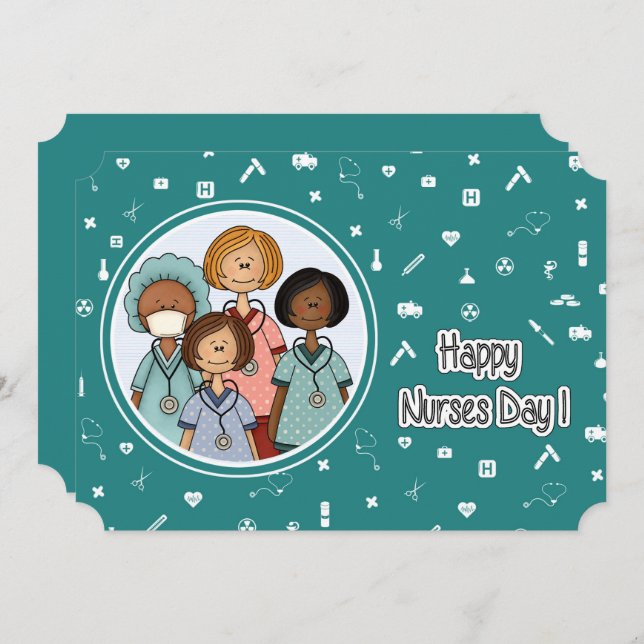 Cartão Feliz Dia das Enfermeiras. Grupo de Enfermeiros (Frente/Verso)