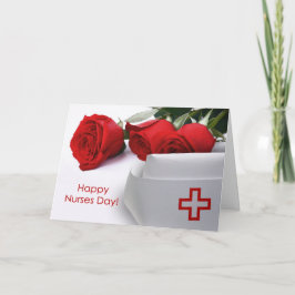 Cartão Feliz Dia das Enfermeiras. Rosa vermelha e Boné de