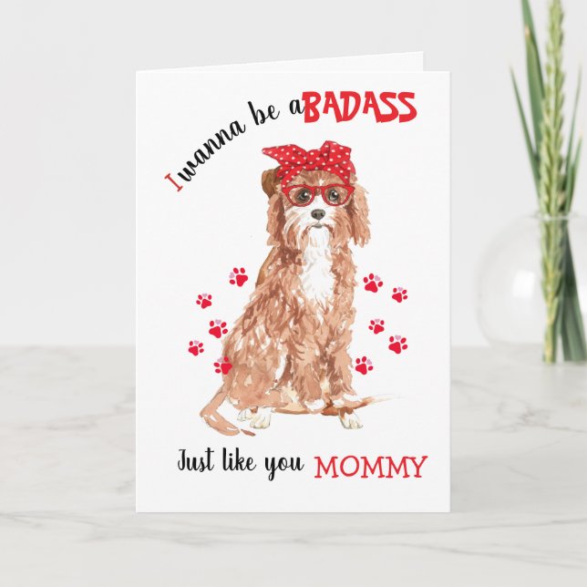Cartão Feliz Dia das Mães Badass do seu cachorro Cavapoo (Frente)