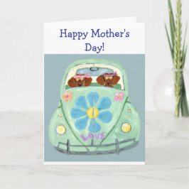 Cartão Feliz Dia das Mães! Dachshunds em carro Hippie