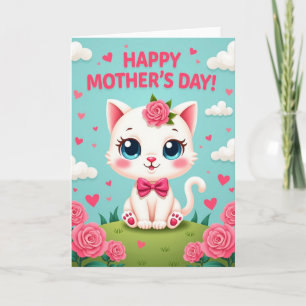 Cartão Feliz Dia das Mães Felino Rosa Doce