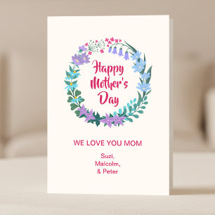 Cartão Feliz Dia das Mães Floral Coroa de Flores Rosa Azu