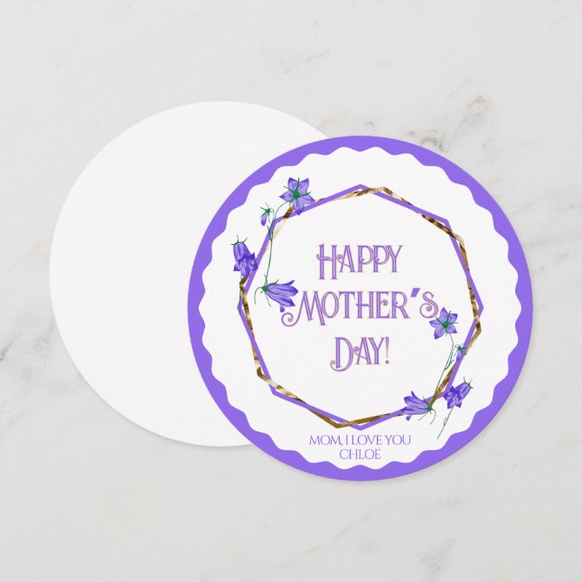 Cartão Feliz Dia das Mães - Flores roxas e ouro - (Frente/Verso)