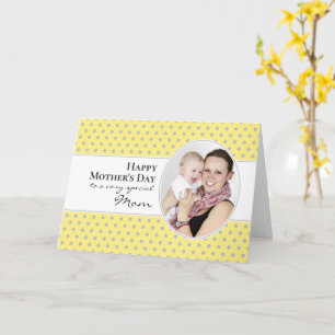 Cartão Feliz Dia das Mães Foto Amarelo Cinza com Bolinhas