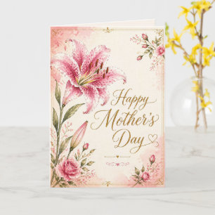 Cartão Feliz Dia das Mães Lírio Rosa Floral Aquarela