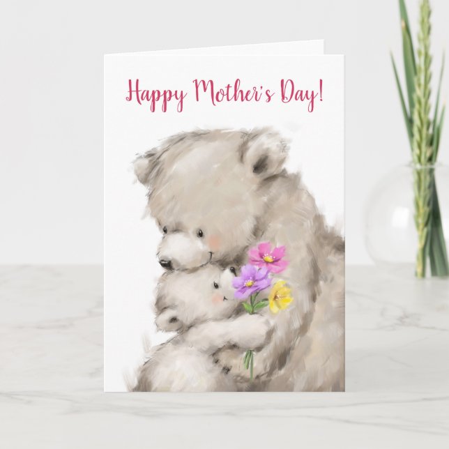 Cartão Feliz Dia das Mães, mãe e filhote de urso se abraç (Frente)