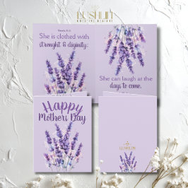 Cartão Feliz Dia das Mães Provérbios 31:25 roxo lavanda