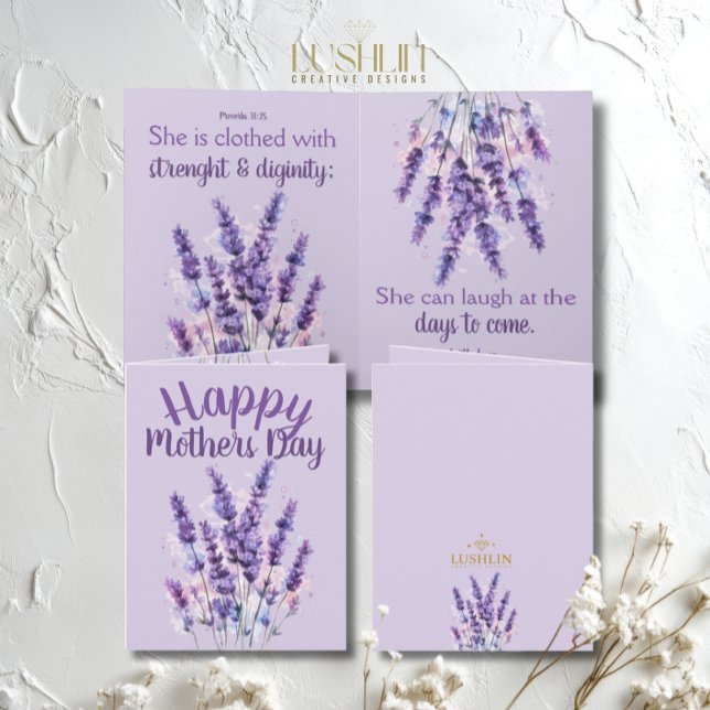 Cartão Feliz Dia das Mães Provérbios 31:25 roxo lavanda (Criador carregado)