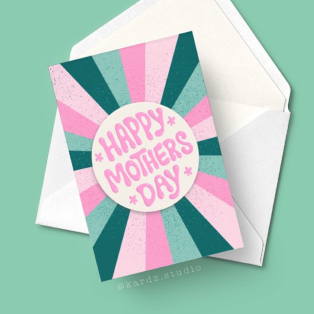 Cartão Feliz Dia das Mães Rosa Verde Explosão de Sol (Card shown in 5x7 inch. find same card with a template to easily add message and name in collection.)