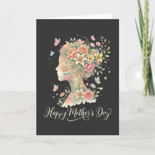 Cartão Feliz Dia das Mães Slogan Silhueta de Mulher Flora