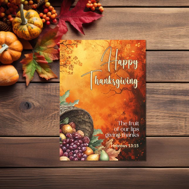 Cartão Feliz Dia de Ação de Graças da Floresta Sunset Heb (Sunset forest harvest Bible verse Thanksgiving Card)