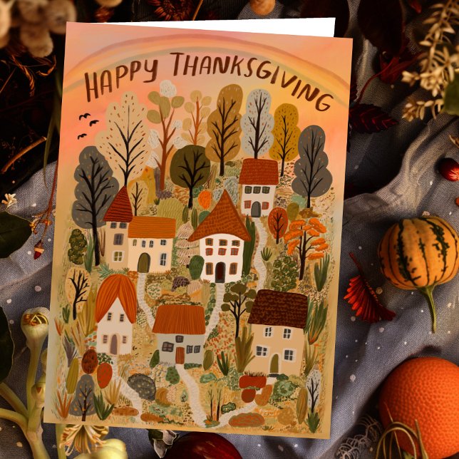 Cartão Feliz Dia de Ação de Graças Encantado Queda do out (Happy Thanksgiving Charming Autumn Village Fall Card
)