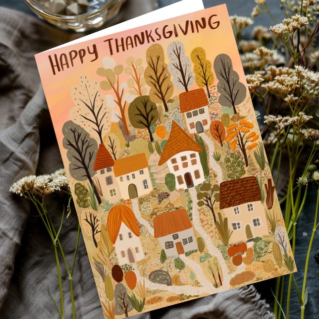 Cartão Feliz Dia de Ação de Graças Encantado Queda do out (Happy Thanksgiving Charming Autumn Village Fall Card
)