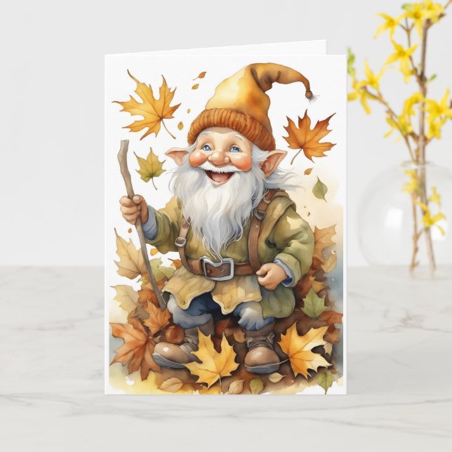 Cartão Feliz Dia de Ação de Graças Gnome Fall deixa Vazio (Flor Amarela)