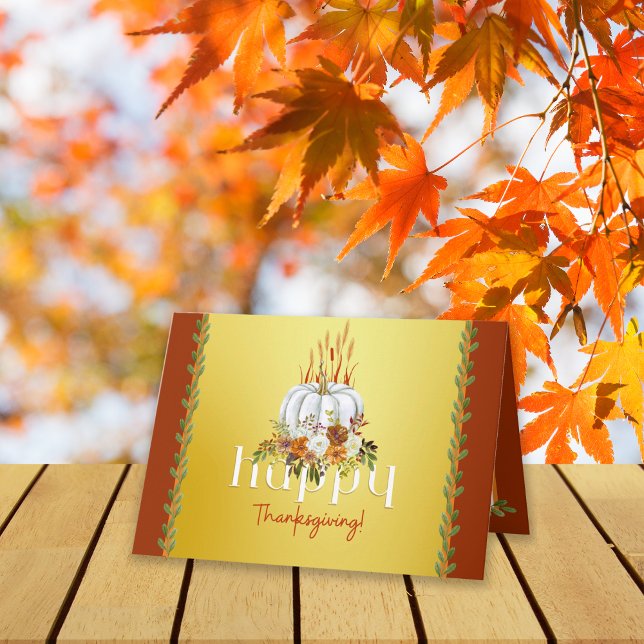 Cartão Feliz Dia de Ação de Graças Pumpkin Floral Amarelo (Criador carregado)