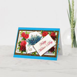 Cartão Feliz Dia de as mães Azul Vintage Saudação Floral