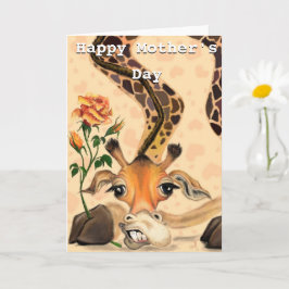 Cartão Feliz Dia de as mães Card Giraffe com Rosa