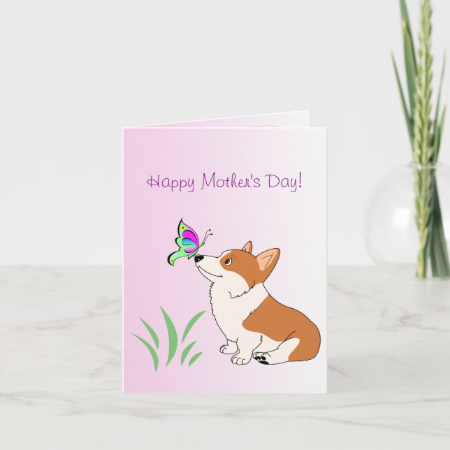 Cartão Feliz Dia de as mães Corgi com Borboleta (Frente)