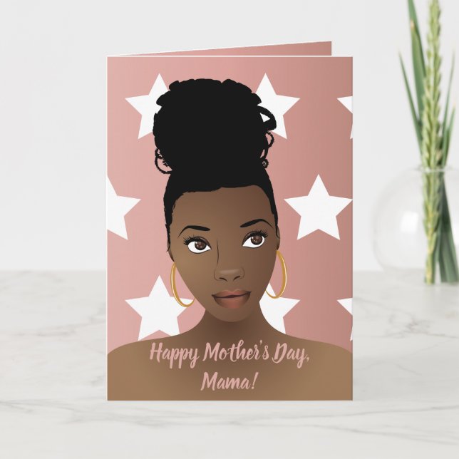 Cartão Feliz Dia de as mães! Mulher Negra, Estrelas Branc (Frente)
