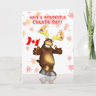 Cartão Feliz Dia do Canadá com Moose a balançar a bandeir