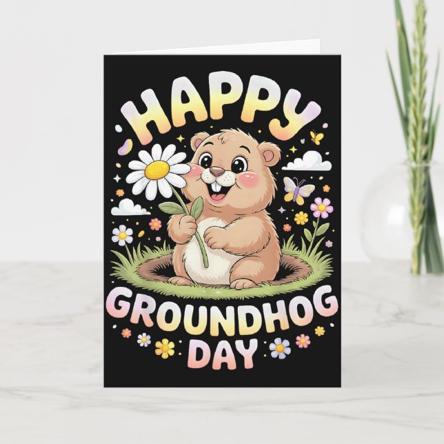 Cartão Feliz Dia do Groundhog 2026 Groundhog Fofo Com Flo (Frente)