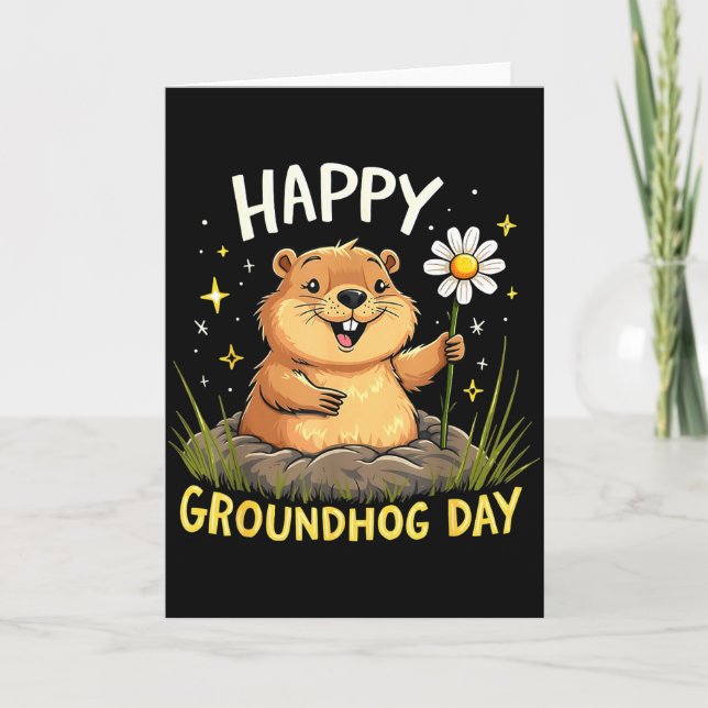 Cartão Feliz Dia do Groundhog Com Flor  (Frente)